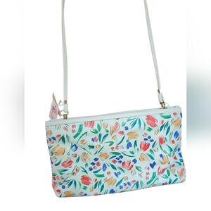 Made In USA White Leather Crossbody Bag With Multicolor Tulip Design. NWT